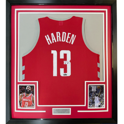 Framed Facsimile Autographed James Harden 35x39 Houston Red Reprint Laser Auto Basketball Jersey (ONLINE ORDER ONLY)