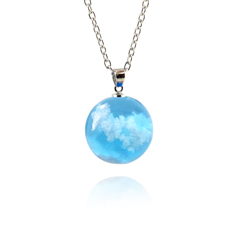 Cloudy Sky Blue Resin Sphere Necklace Pendant White Clouds (Online Only)