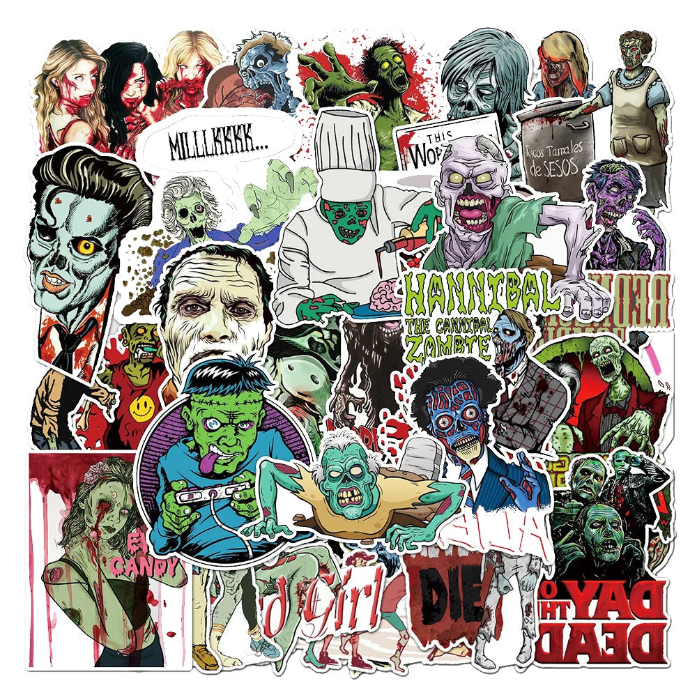 10/30/50PCS Horror Skull Zombie Stickers Skateboard DIY Guitar Laptop Motorcycle Car Cool Graffiti Terror Decal Sticker for Kids (Online Order Only)