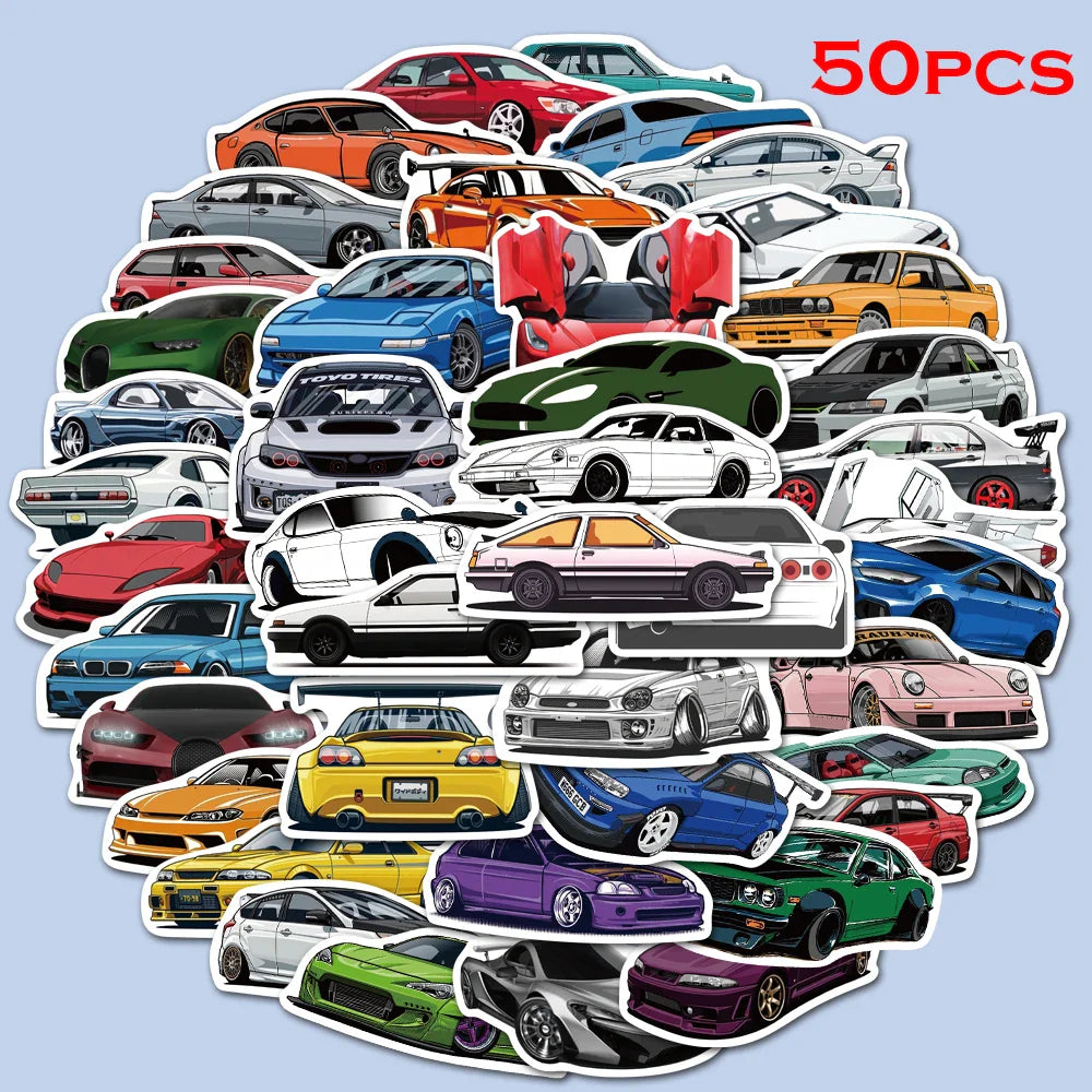50pcs Cartoon Car Stickers for Luggage Laptop Bike Skateboard Waterproof Kids Toy Graffiti (Online Order Only)