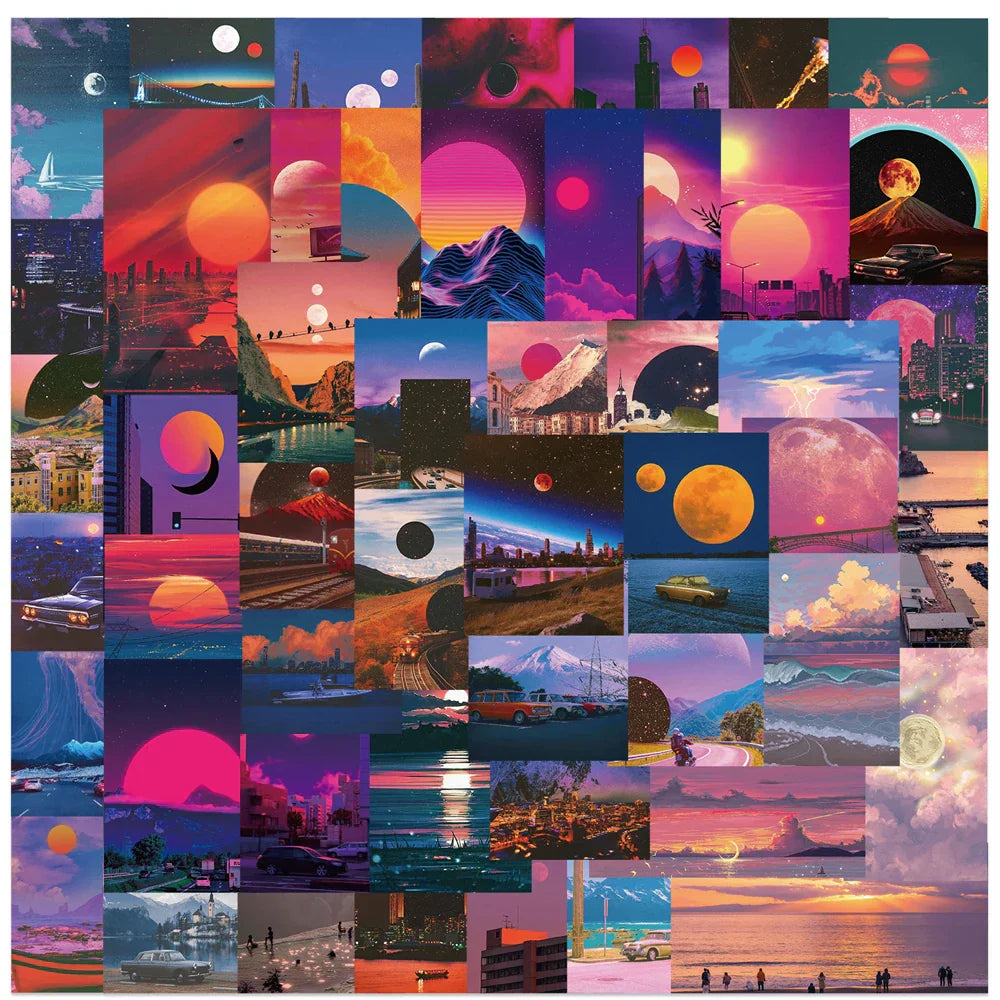 Sunset Landscape Cartoon Stickers Pack - Waterproof Aesthetic Laptop Luggage Diary Guitar Phone Decals (ONLINE ORDER ONLY)