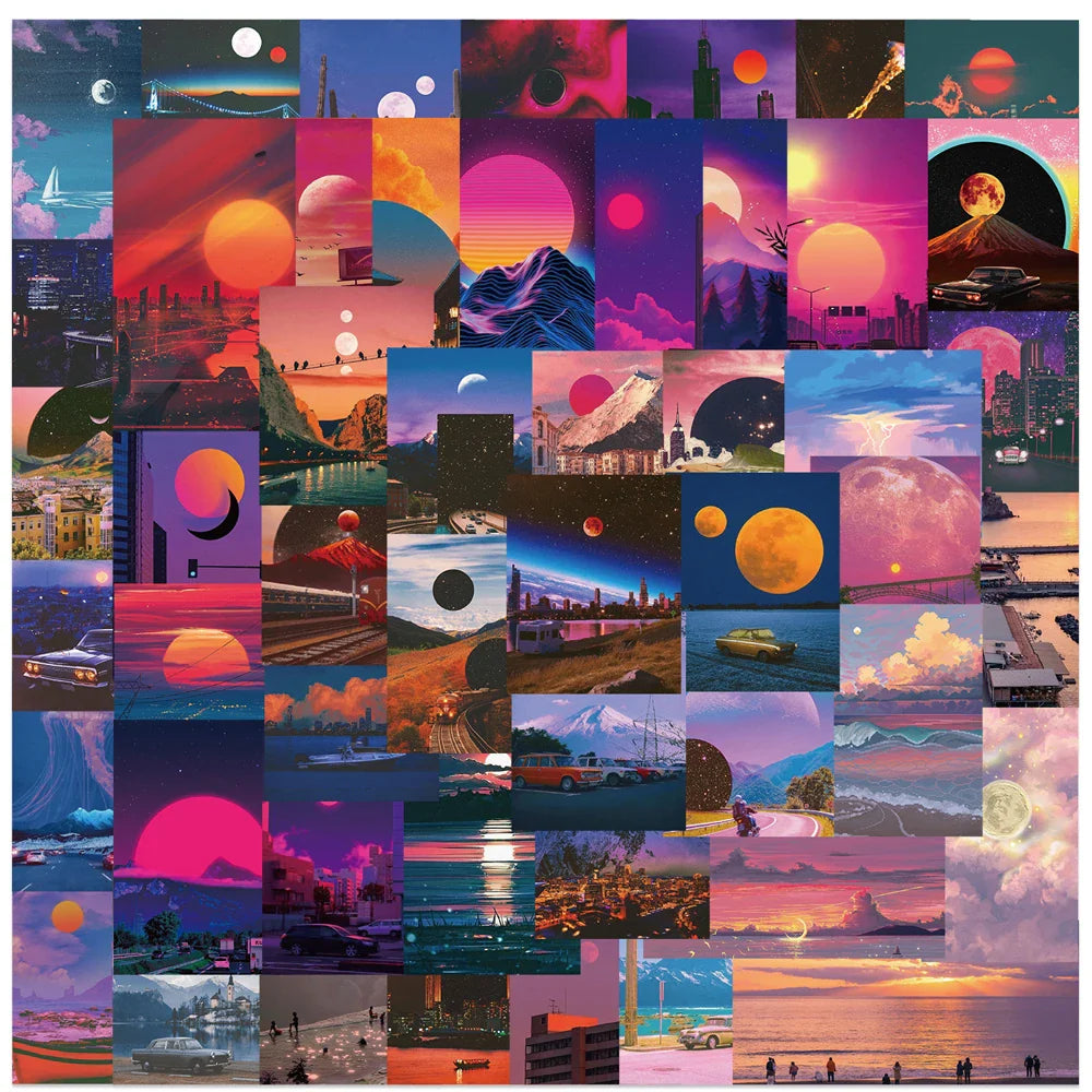 Sunset Landscape Cartoon Stickers Pack - Waterproof Aesthetic Laptop Luggage Diary Guitar Phone Decals (ONLINE ORDER ONLY)