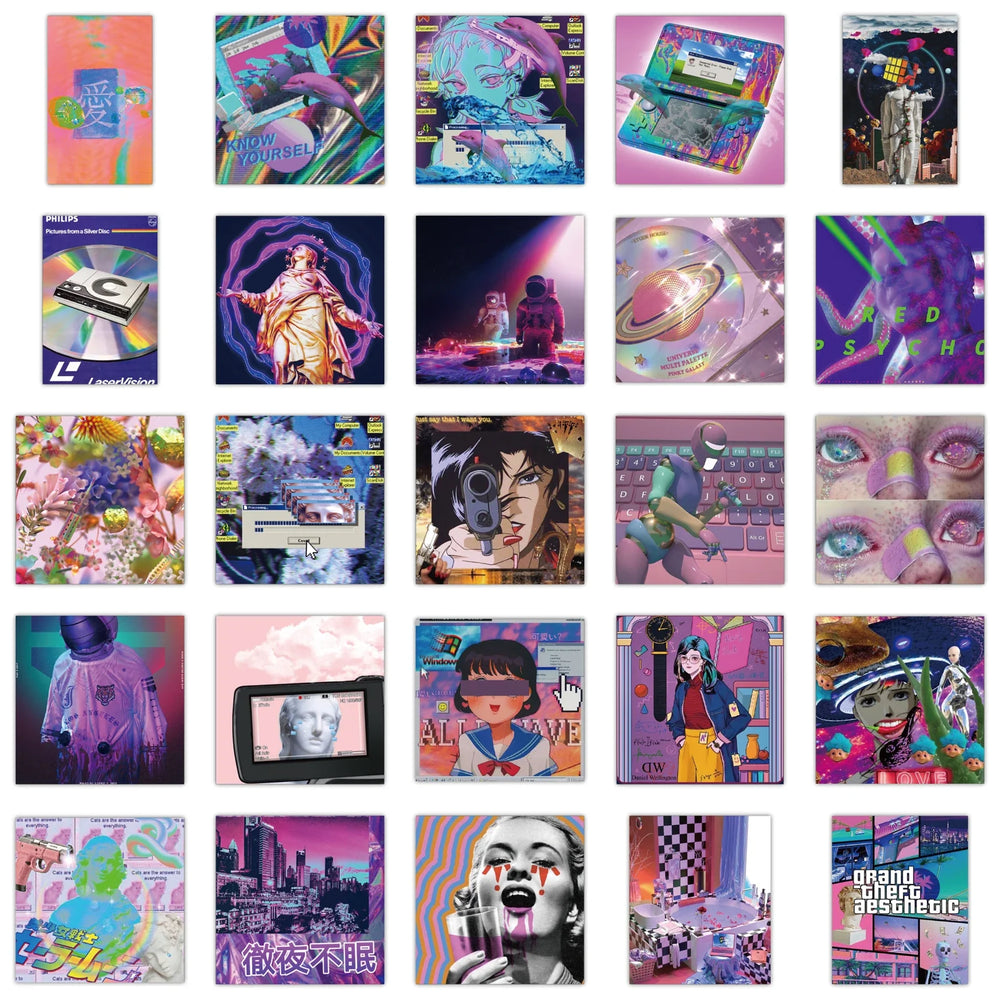 10/30/50pcs Ins Vaporwave Cool Stickers Aesthetic Graffiti DIY Phone Scrapbook Laptop Luggage Skateboard Sticker Decals Kids Toy (ONLINE ORDER ONLY)