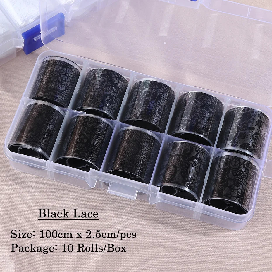 10 Rolls/Box White Black Lace Nail Art Foils Set Nail Transfer Sticker Paper DIY Manicure Nail Decoration Accessories (Online Order Only)