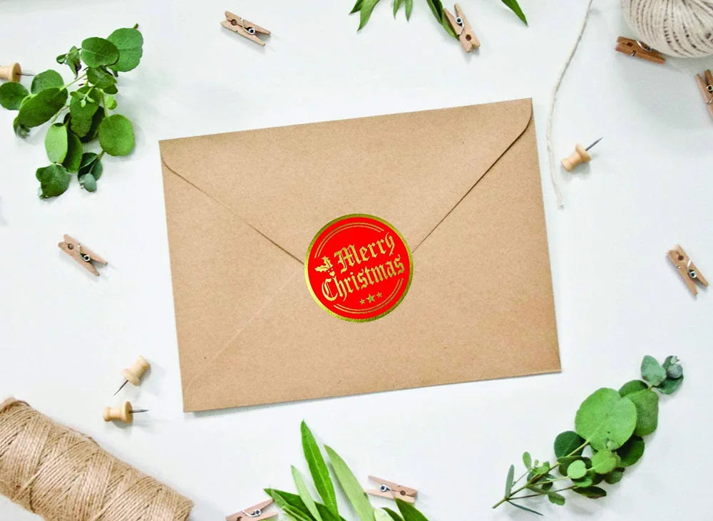 Merry Christmas Stickers 100-500pcs Round Golden Plated Stickers Gift Candy Box Homemade Cookies Bag Sealing Decoration Decals (Online Order Only)