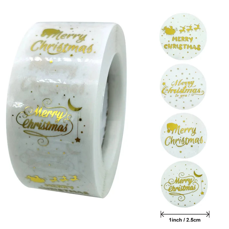 Merry Christmas Stickers 100-500pcs Round Golden Plated Stickers Gift Candy Box Homemade Cookies Bag Sealing Decoration Decals (Online Order Only)