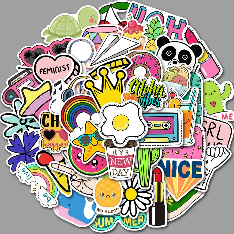35/50/75PCS Cartoon Simple VSCO Girls Kawaii Stickers For Chidren Toy Waterproof Sticker to DIY Laptop Bicycle Helmet Car Decals (Online Order Only)
