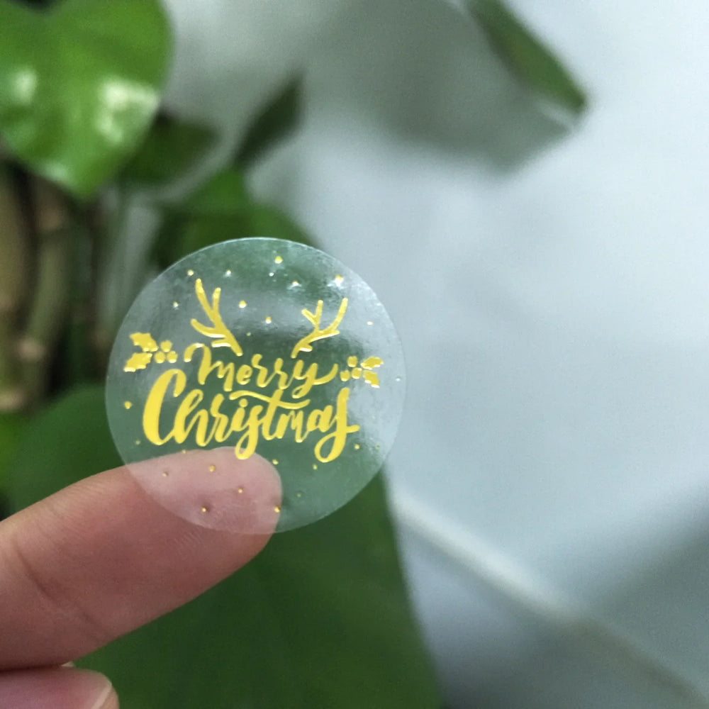 Merry Christmas Stickers 100-500pcs Round Golden Plated Stickers Gift Candy Box Homemade Cookies Bag Sealing Decoration Decals (Online Order Only)
