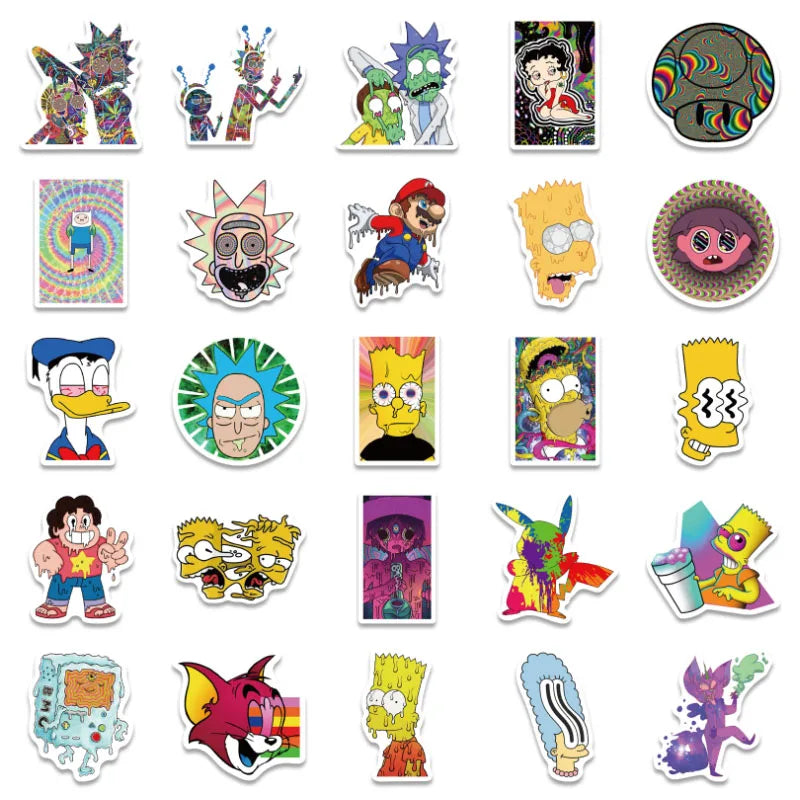10/30/52Pcs  Psychedelic aesthetic mixed cartoon character  Skateboard Travel Suitcase Phone Laptop Luggage Stickers DIY Kids (ONLINE ORDER ONLY)