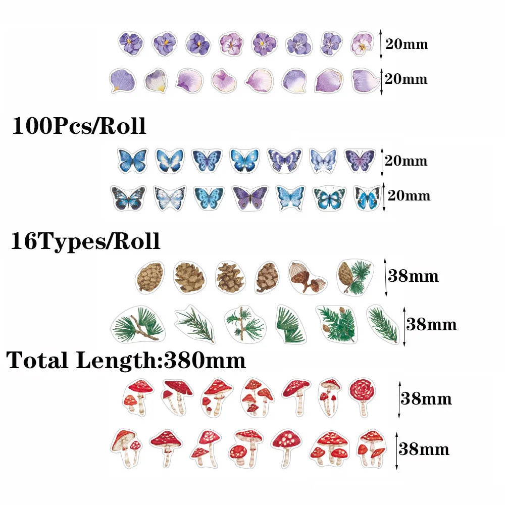 100PCs/Roll Masking Washi Tape Mushroom Butterfly Flower Adhesive Tape Stationery Decoration DIY Scrapbooking Sticker Label (ONLINE ORDER ONLY)