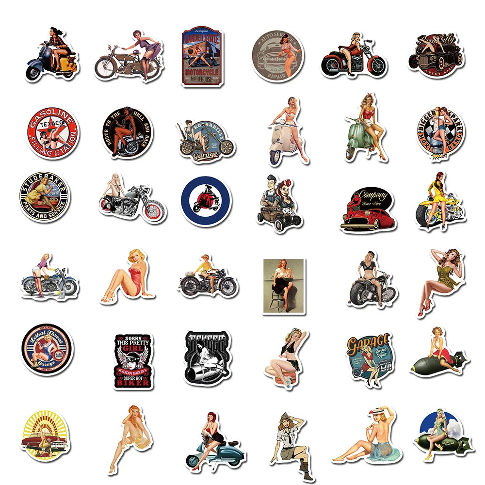10/30/50/100pcs Retro Poster Motorcycle Girl Personality Sticker for Laptop Motorcycle Skateboard Luggage Decal Toy Stickers (Online Order Only)