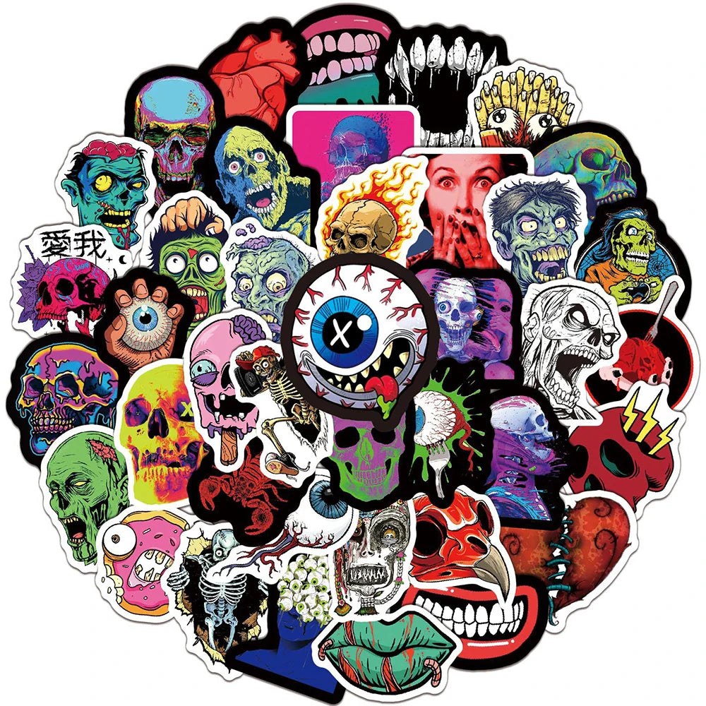 10/30/50PCS Halloween Horror Skull Zombie Stickers Skateboard Fridge Guitar Laptop Motorcycle Travel Cool Graffiti Decal Sticker (Online Order Only)