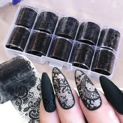 10 Rolls/Box White Black Lace Nail Art Foils Set Nail Transfer Sticker Paper DIY Manicure Nail Decoration Accessories (Online Order Only)