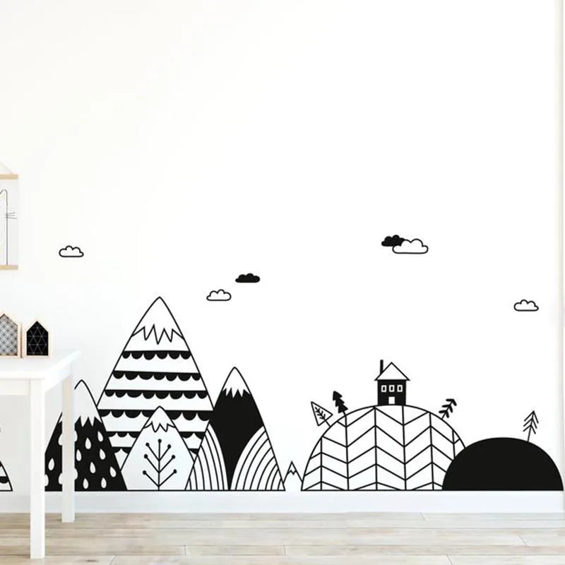 Scandinavian Mountain Wall Sticker Kids Room Nordic Tree Cloud Village Decal (ONLINE ORDER ONLY)