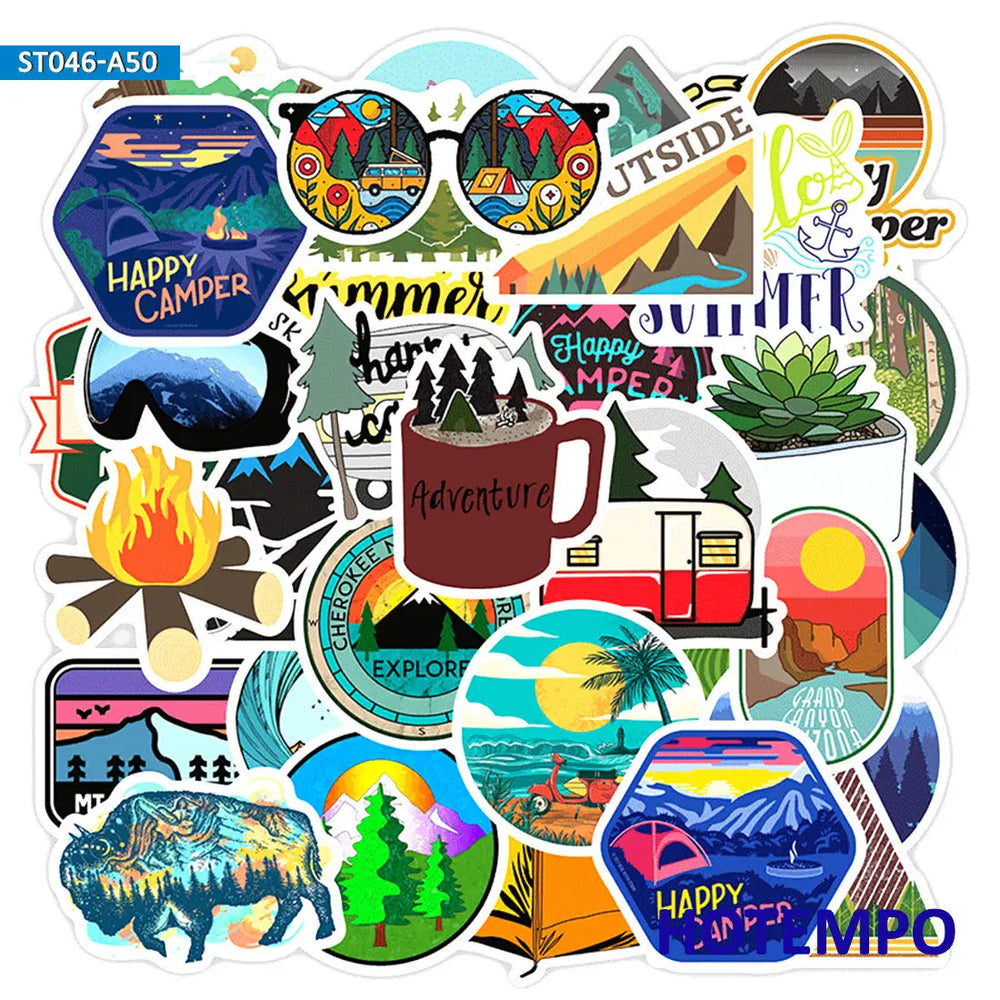 50pcs Travel Hiking Outdoor Surfing Wild Adventure Outside Camping Decal Stickers Pack for Phone Laptop Luggage Bike Car Sticker (ONLINE ORDER ONLY)
