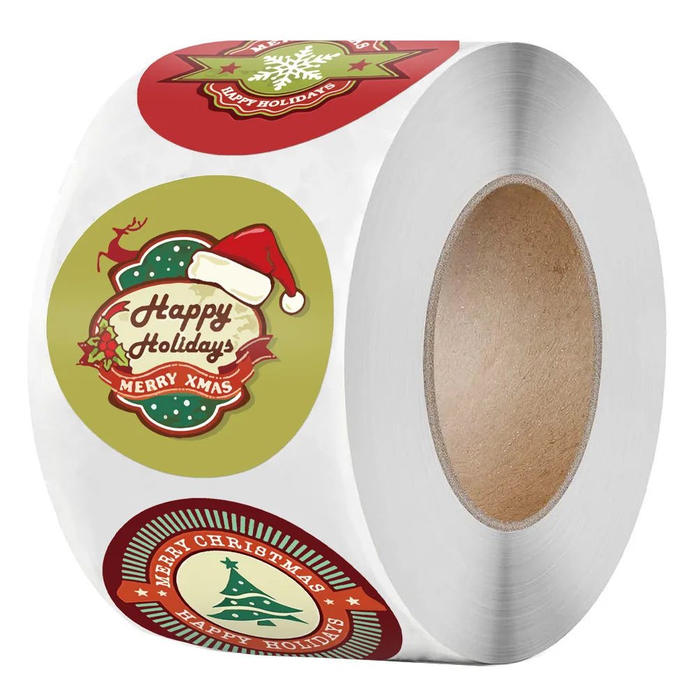 100-500Pcs Christmas Gift Box Round Labels Christmas Sticker Candy Bag Flower Gift Box Cake Boxes Packaging New Year Stickers (ONLINE ORDER ONLY)