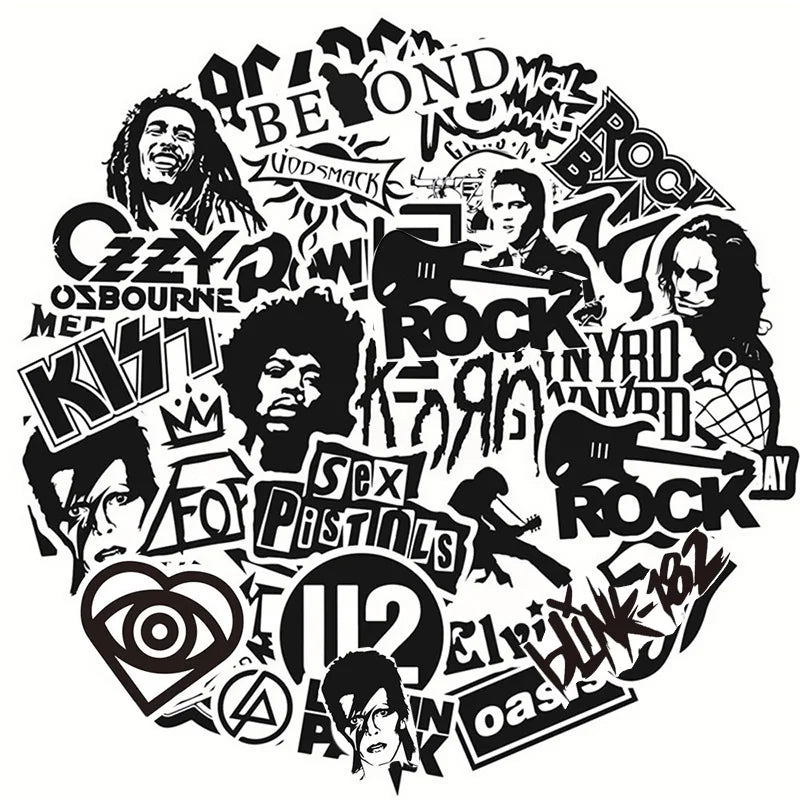 10/30/50PCS Cool Black and White Rock Band Logo Waterproof Stickers Decals Skateboard Guitar Motorcycle Phone Graffiti Sticker (ONLINE ORDER ONLY)