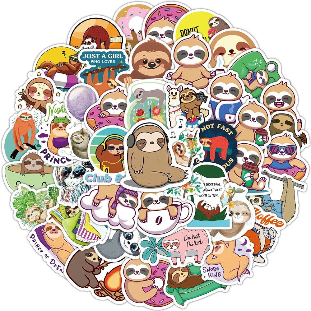 Kawaii Sloth Stickers Pack for Laptop, Fridge, Guitar, Motorcycle, Luggage, Skateboard - PVC Decals (Online Order Only)