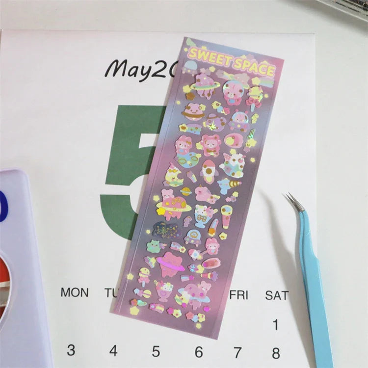 Cute ins Bear Rabbit Laser Sticker Scrapbooking Decorative Sticker Korean Hand Account DIY Diary Album Stick Label Stationery (Online Order Only)