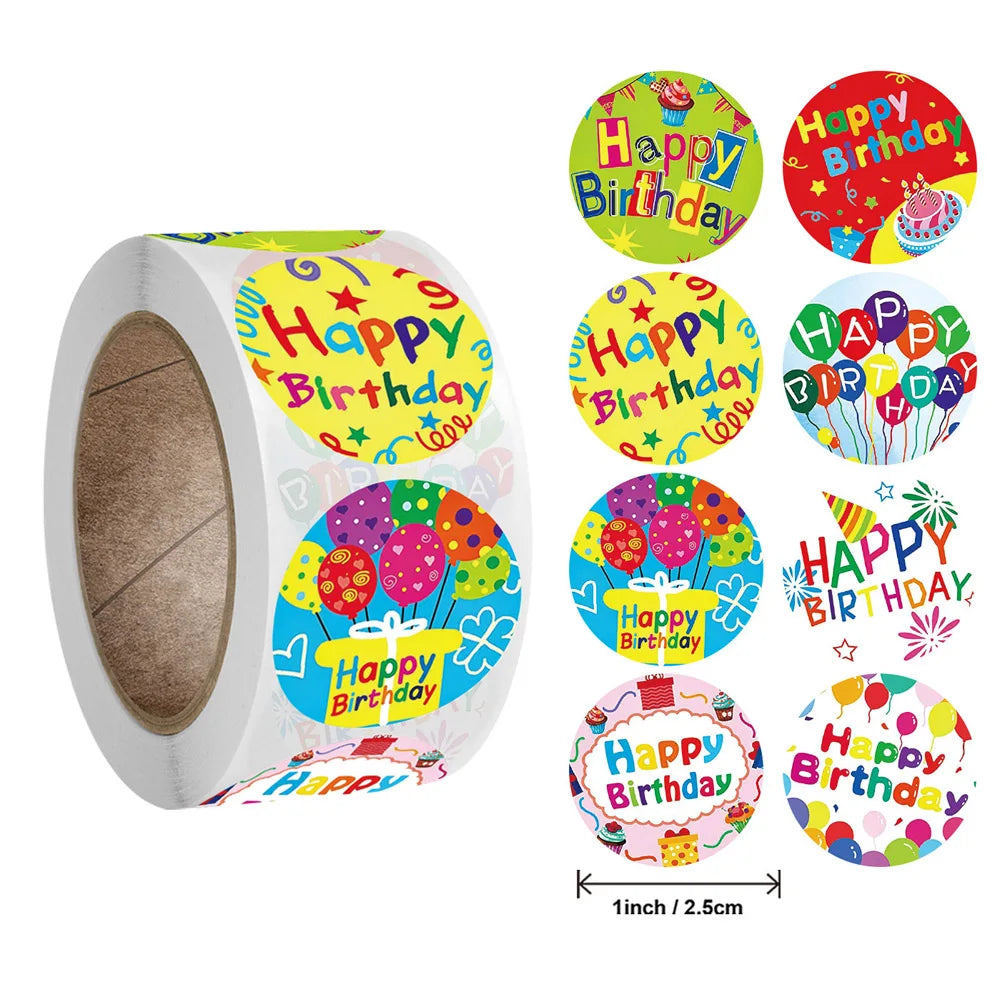 100-500pcs 8 Styles Happy Birthday Round Stickers Party Gift Packaging Seal Labels for Scrapbooking Cards Decoration (Online Order Only)