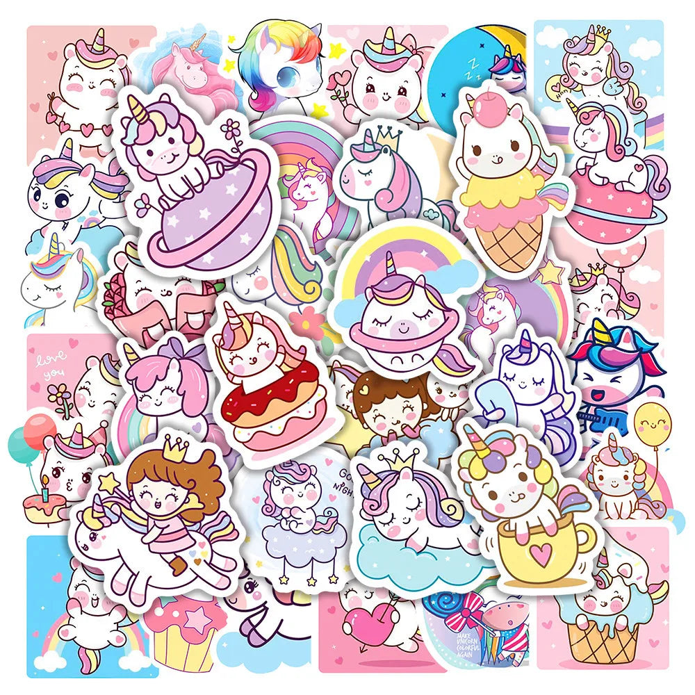 Kawaii Unicorn Stickers 10/30/50/100pcs Waterproof PVC for Guitar Laptop Luggage Phone Notebook (Online Order Only)
