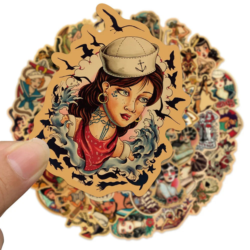 10/30/50/100pcs Retro Old School Tattoo Style Stickers  Skateboard Car Phone Bike Laptop Luggage Sexy Girl Waterproof Sticker (ONLINE ORDER ONLY)