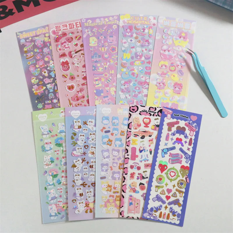 Cute ins Bear Rabbit Laser Sticker Scrapbooking Decorative Sticker Korean Hand Account DIY Diary Album Stick Label Stationery (Online Order Only)