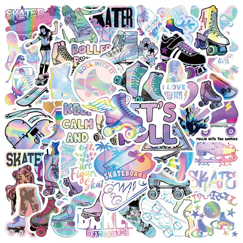 10/30/50PCS Cool Holographic Laser Skate Cartoon Stickers DIY Car Luggage Roller Skateboard Graffiti Girl Gradient Sticker Decal (ONLINE ORDER ONLY)