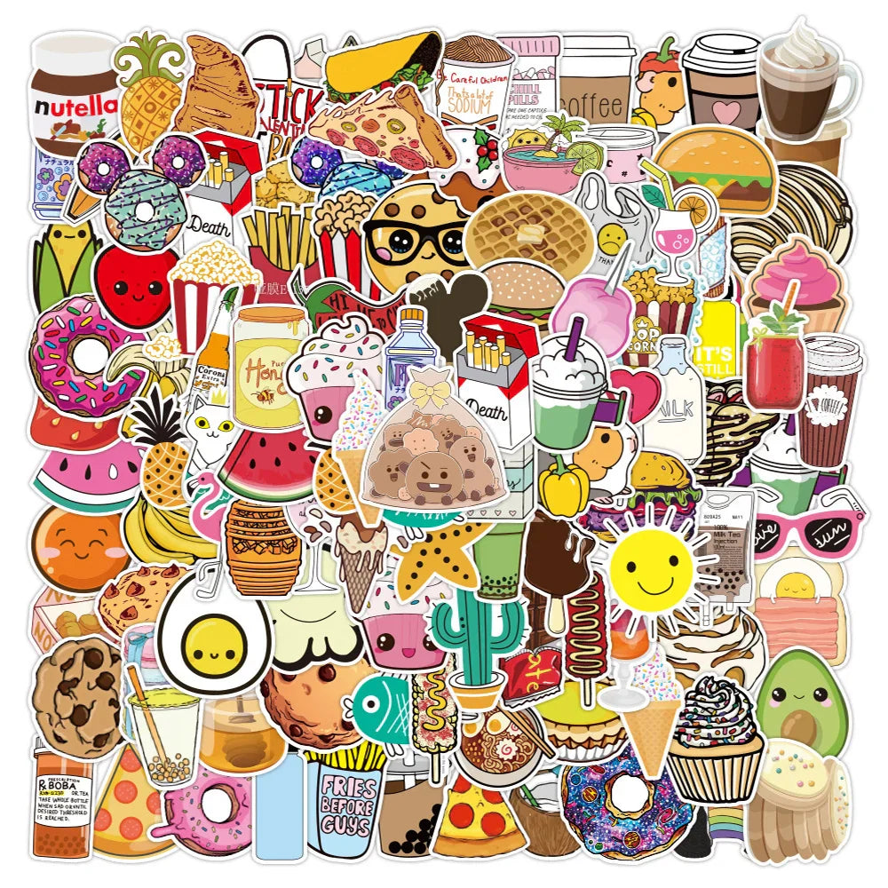 Cute Food Cartoon Stickers for Laptop, Phone, Water Bottle, Bike, Luggage, Kid Toy Decals (10/50/100PCS) (ONLINE ORDER ONLY)