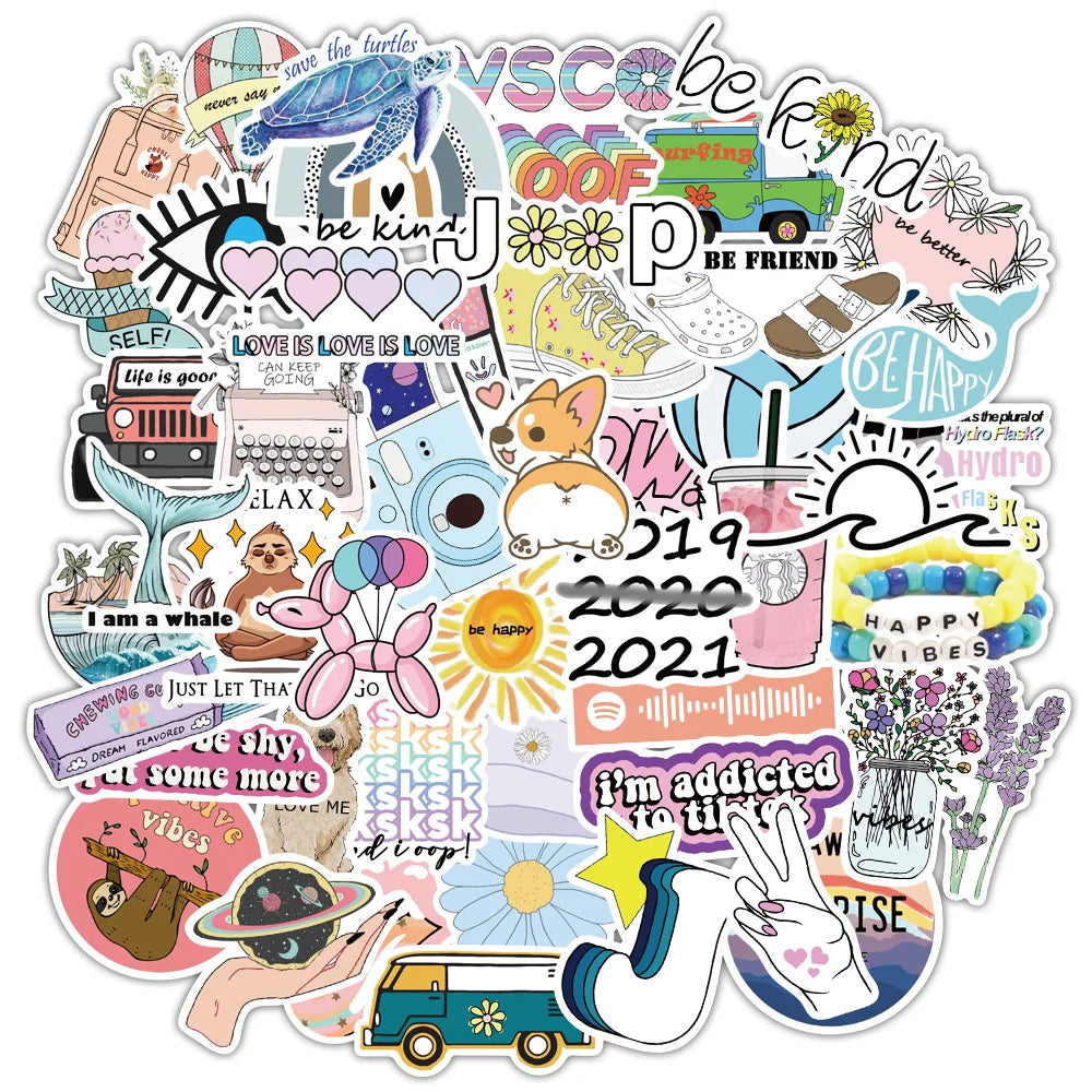50pcs Cartoon Vsco Girls Simple Fresh Sticker For WaterBottle Suitcase Decals Skateboarding Motorcycle Children Gift Stickers (ONLINE ORDER ONLY)