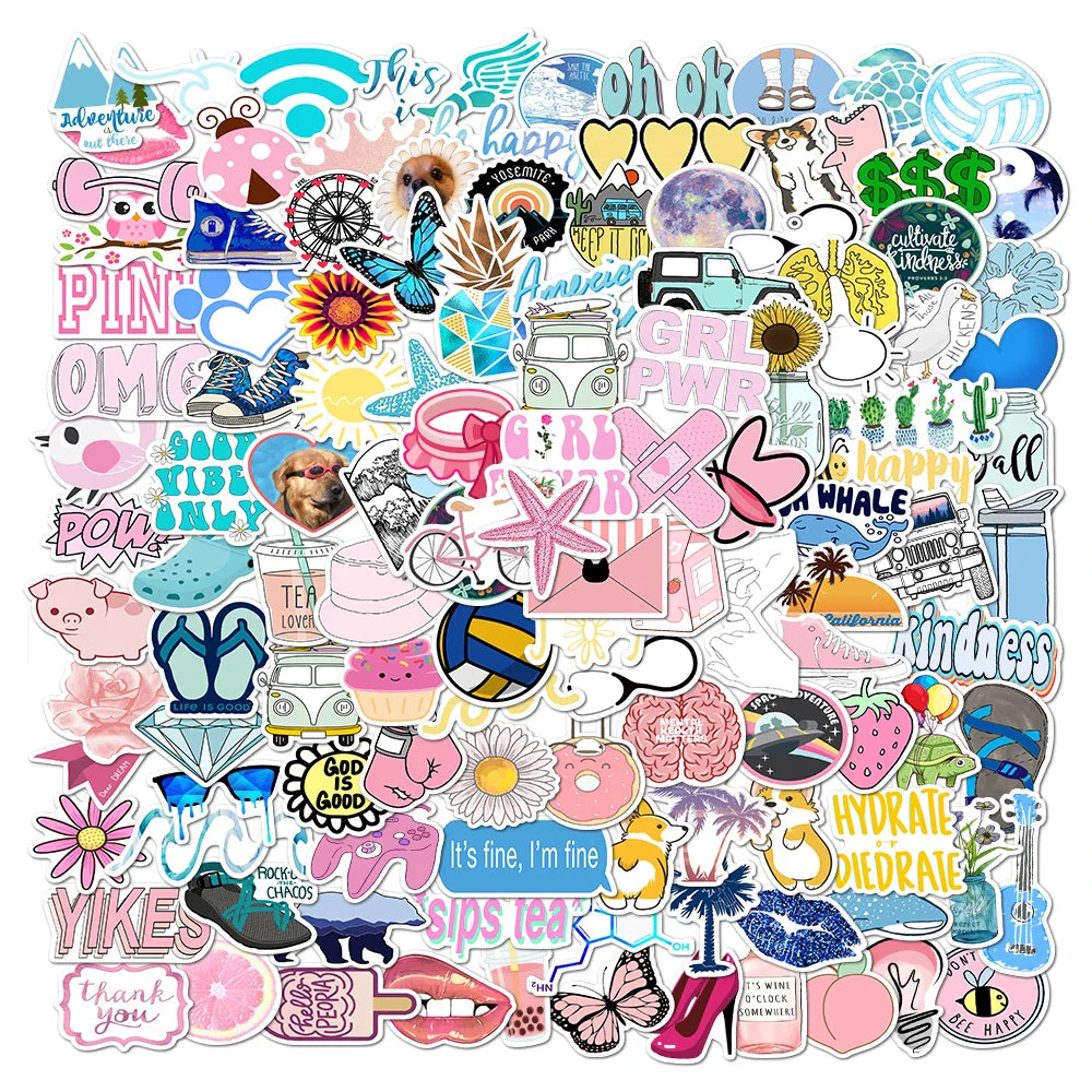 150pcs Pack Blue Pink Vsco Style Stickers For Skateboard Guitar WaterBottle Motorcycle Laptop Waterproof  kids Teens Sticker Toy (ONLINE ORDER ONLY)