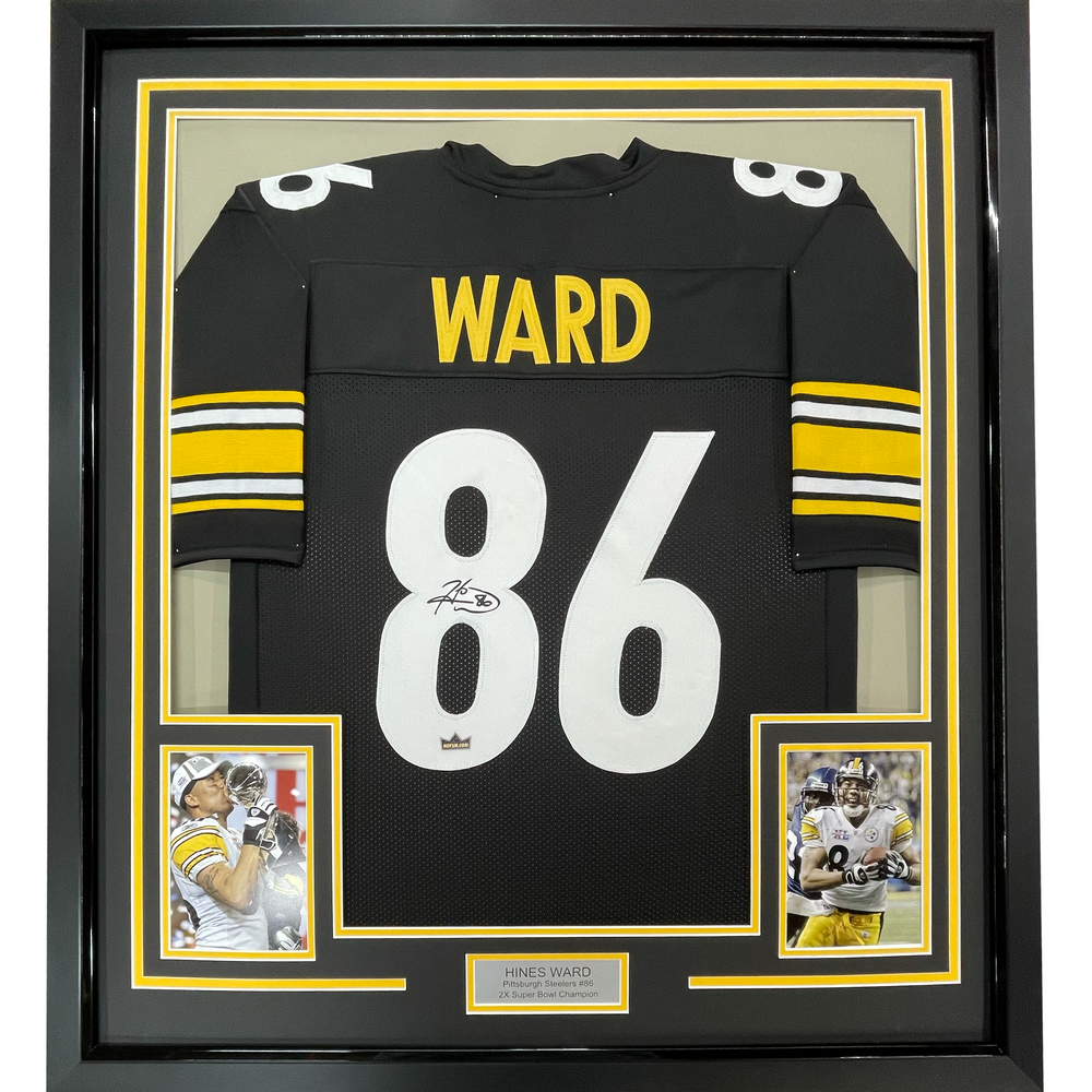 Framed Facsimile Autographed Hines Ward 35x39 Pittsburgh Black Reprint Laser Auto Football Jersey (ONLINE ORDER ONLY)
