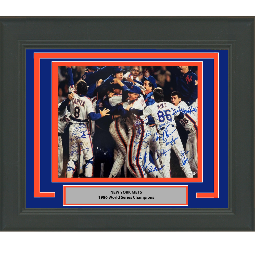 Framed Autographed/Signed 1986 New York Mets Team 26x Sigs World Series Champions 16x20 Baseball Photo JSA COA