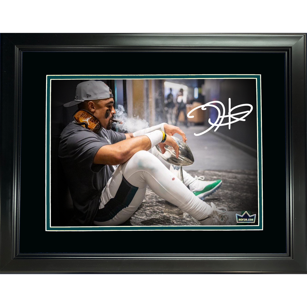 Framed Jalen Hurts Super Bowl LIX Cigar Lombardi Trophy Facsimile Laser Engraved Signature Auto Philadelphia Eagles 11"x14" Football Photo HOFSM Holo (ONLINE ORDER ONLY)