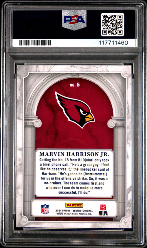 Graded 2024 Panini Zenith Marvin Harrison Jr #5 Z Marquee Rookie RC Football Card PSA 10 Gem Mint (ONLINE ORDER ONLY)