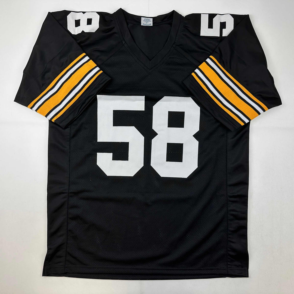 Facsimile Autographed Jack Lambert Pittsburgh Black Reprint Laser Auto Football Jersey Size Men's XL (ONLINE ORDER ONLY)