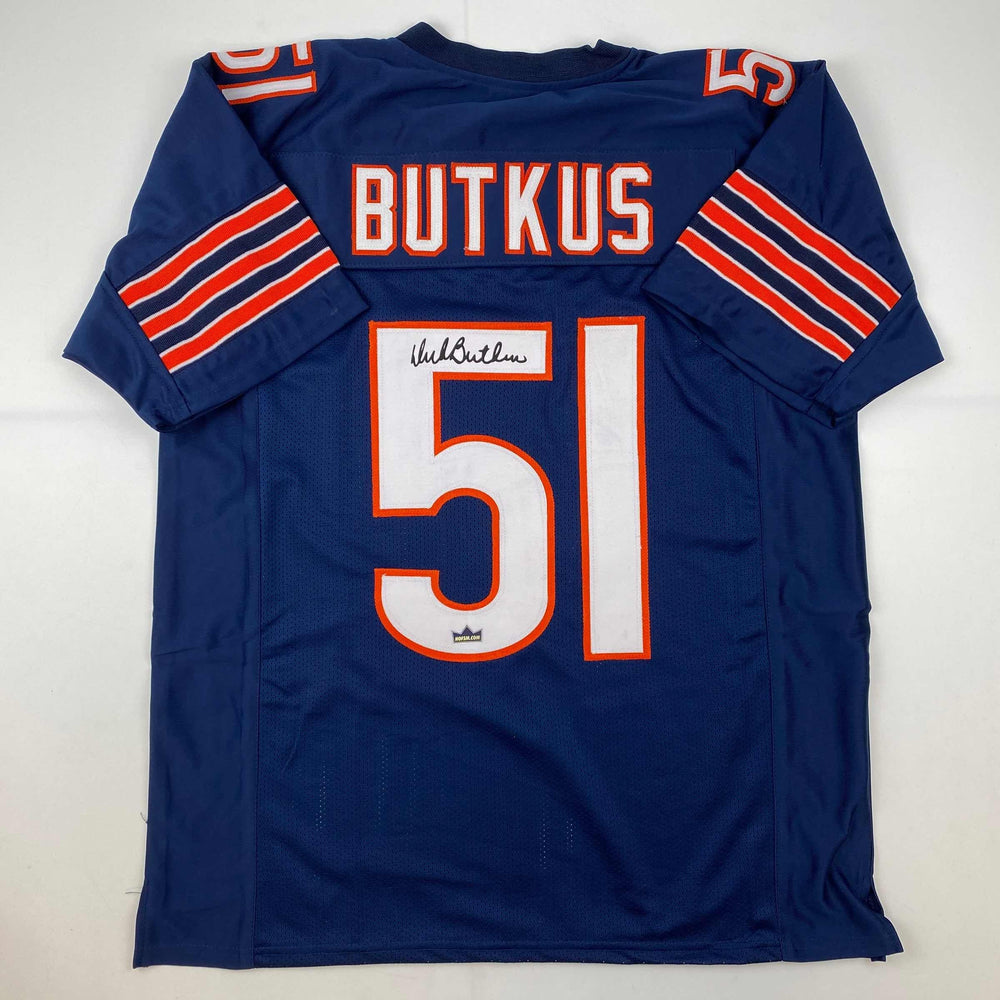 Facsimile Autographed Dick Butkus Chicago Blue Reprint Laser Auto Football Jersey Size Men's XL (ONLINE ORDER ONLY)