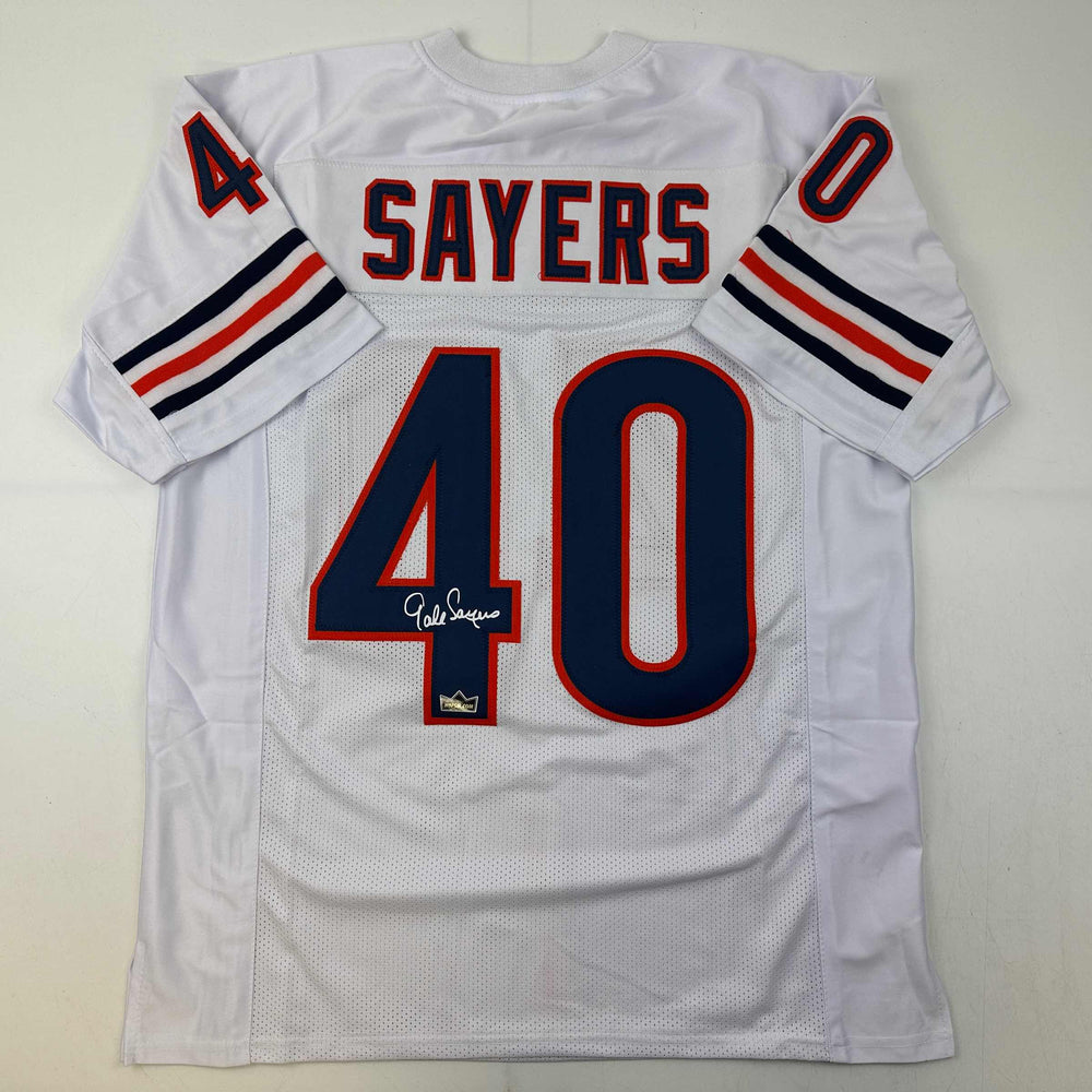 Facsimile Autographed Gale Sayers Chicago White Reprint Laser Auto Football Jersey Size Men's XL (ONLINE ORDER ONLY)