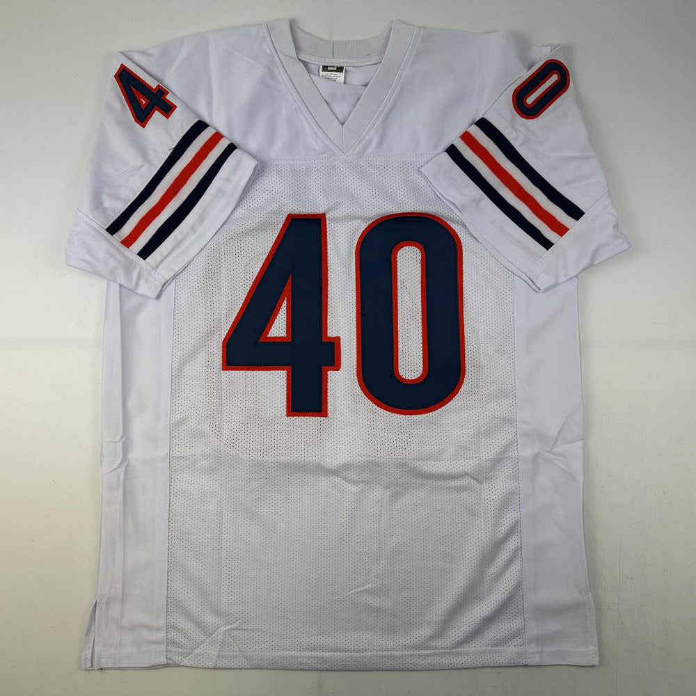 Facsimile Autographed Gale Sayers Chicago White Reprint Laser Auto Football Jersey Size Men's XL (ONLINE ORDER ONLY)