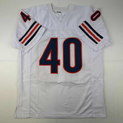 Facsimile Autographed Gale Sayers Chicago White Reprint Laser Auto Football Jersey Size Men's XL (ONLINE ORDER ONLY)