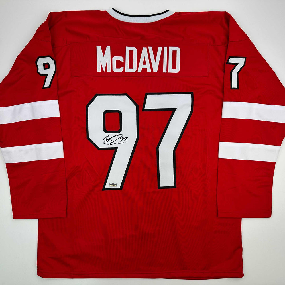 Facsimile Autographed Connor McDavid Canada Red 2025 4 Nations Face-Off Reprint Laser Auto Hockey Jersey Size Men's XL (ONLINE ORDER ONLY)