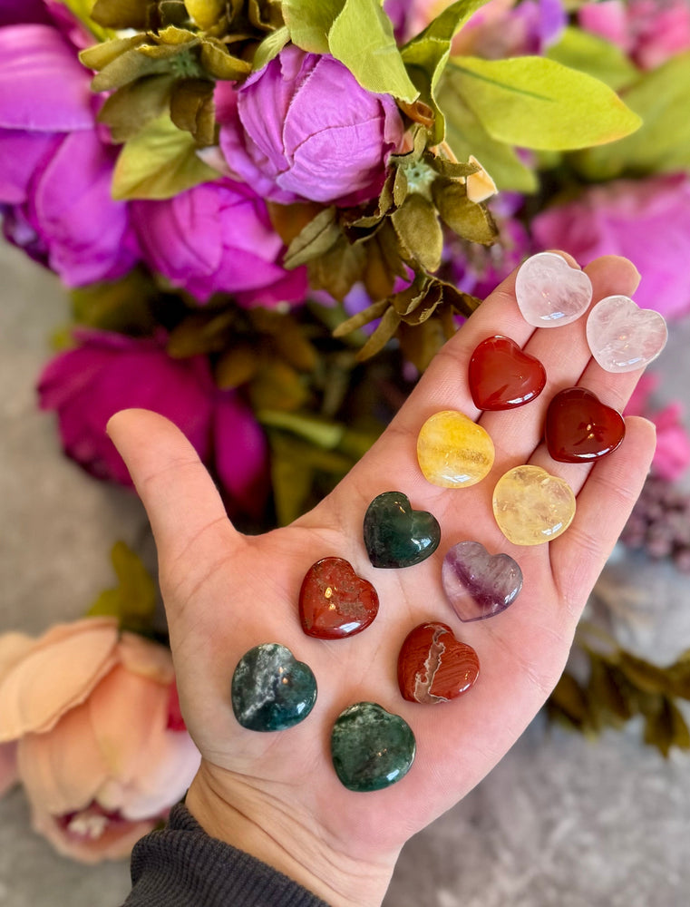 2 cm Crystal Hearts for Valentines Day, You Choose Red Jasper, Fluorite, Carnelian, Rose Quartz, Moss Agate, Yellow (ONLINE ORDER ONLY)