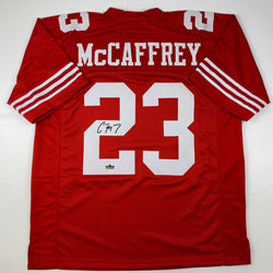 Facsimile Autographed Christian McCaffrey San Francisco Red Reprint Laser Auto Football Jersey Size Men's XL (ONLINE ORDER ONLY)