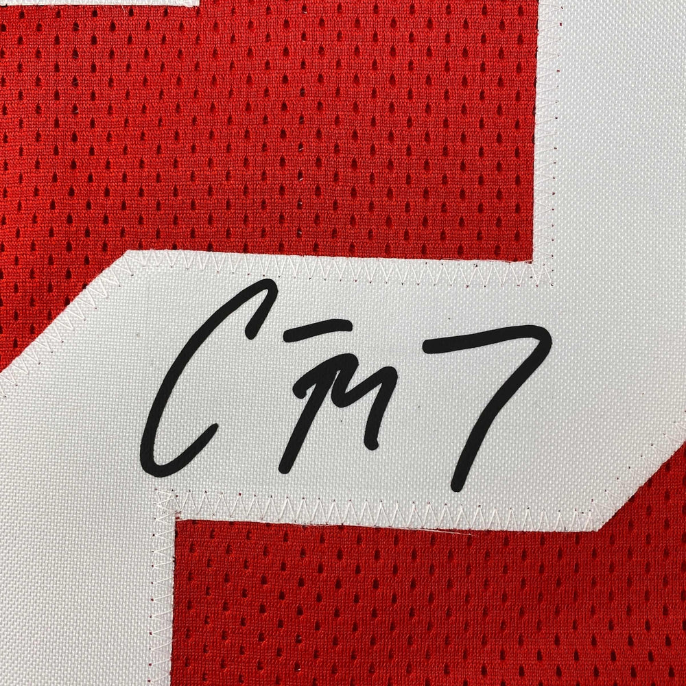 Facsimile Autographed Christian McCaffrey San Francisco Red Reprint Laser Auto Football Jersey Size Men's XL (ONLINE ORDER ONLY)
