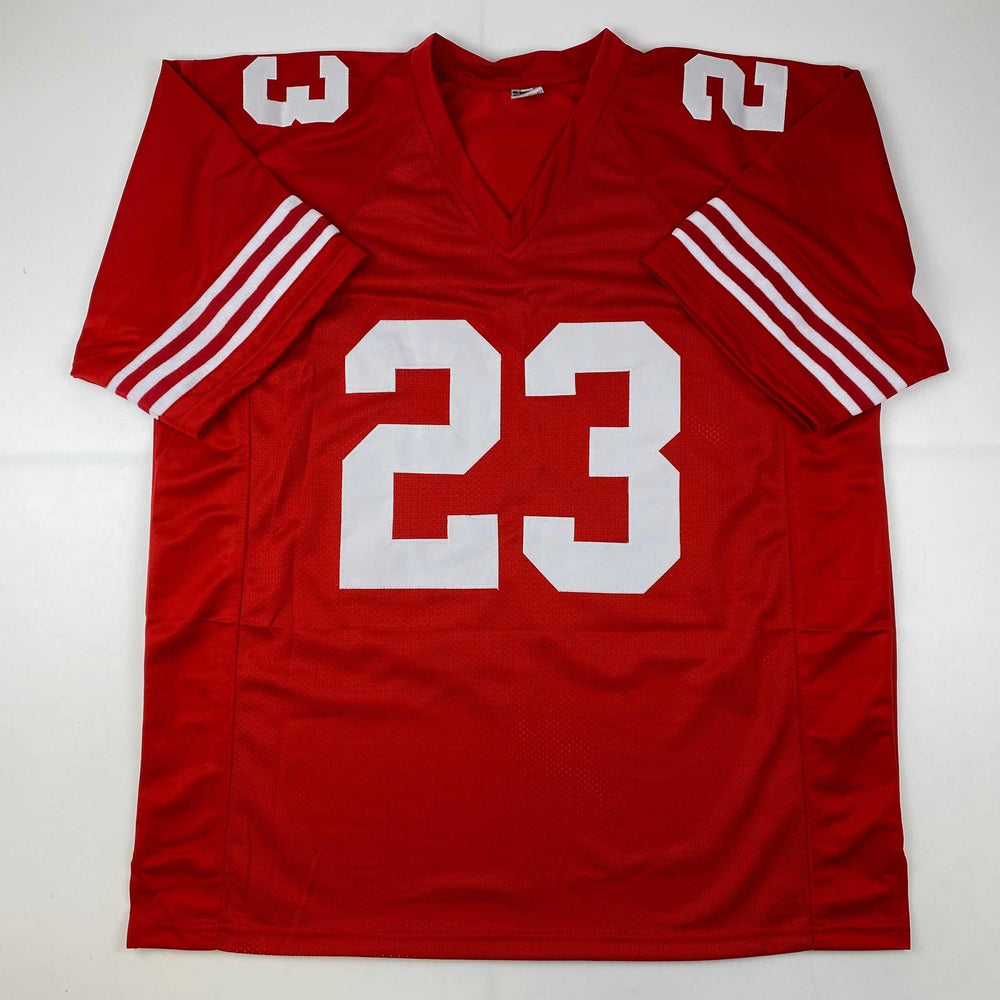 Facsimile Autographed Christian McCaffrey San Francisco Red Reprint Laser Auto Football Jersey Size Men's XL (ONLINE ORDER ONLY)