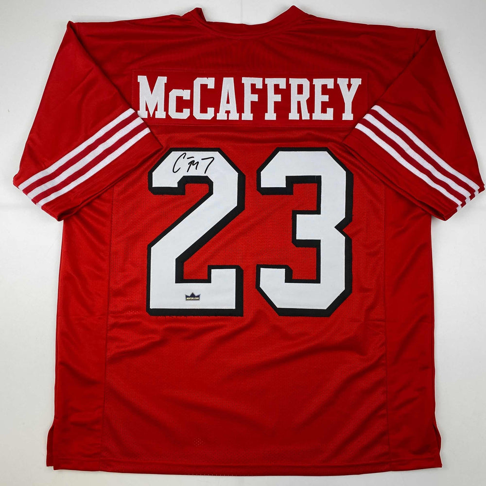 Facsimile Autographed Christian McCaffrey San Francisco Red Alternate Reprint Laser Auto Football Jersey Size Men's XL (ONLINE ORDER ONLY)