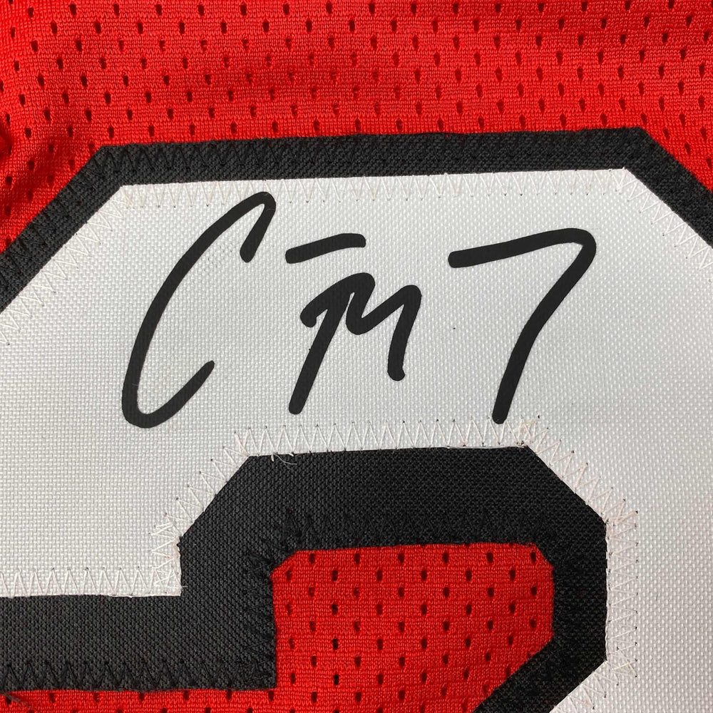 Facsimile Autographed Christian McCaffrey San Francisco Red Alternate Reprint Laser Auto Football Jersey Size Men's XL (ONLINE ORDER ONLY)