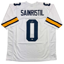Autographed/Signed Mike Sainristil Michigan White College Football Jersey Beckett BAS COA