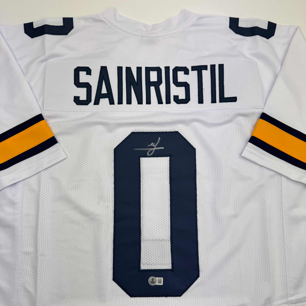 Autographed/Signed Mike Sainristil Michigan White College Football Jersey Beckett BAS COA