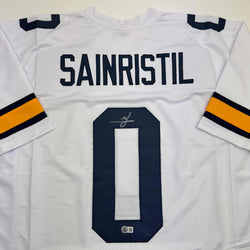 Autographed/Signed Mike Sainristil Michigan White College Football Jersey Beckett BAS COA